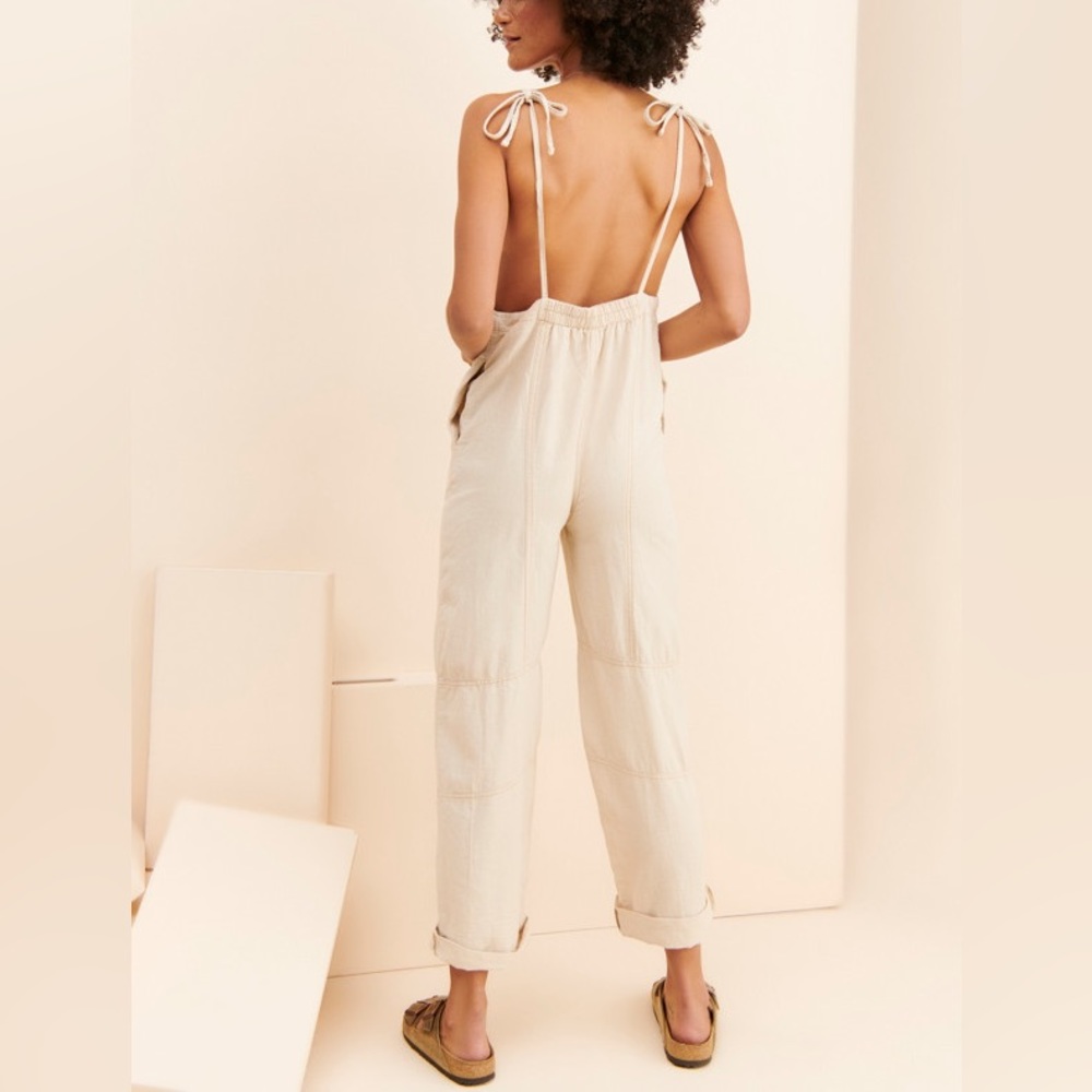 UO Cream Harley Linen Backless Overalls (S)